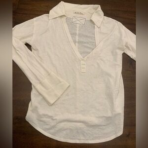 Free People We The Free Collared Split Neck Top Women’s Medium White Long Sleeve